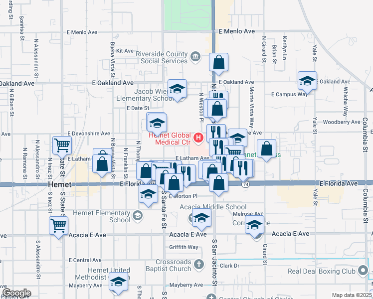 map of restaurants, bars, coffee shops, grocery stores, and more near 225 Laursen Street in Hemet
