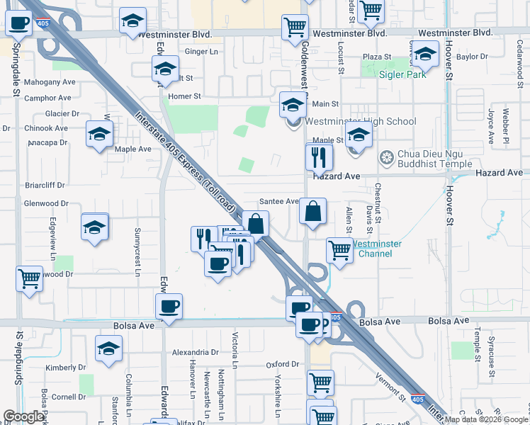 map of restaurants, bars, coffee shops, grocery stores, and more near 6821 Sowell Avenue in Westminster