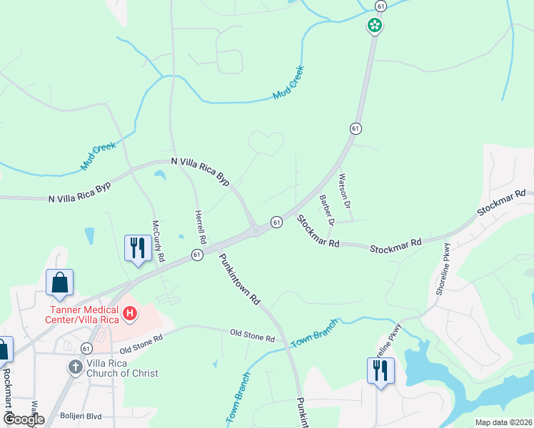 map of restaurants, bars, coffee shops, grocery stores, and more near 110 Jaybird Lane in Villa Rica