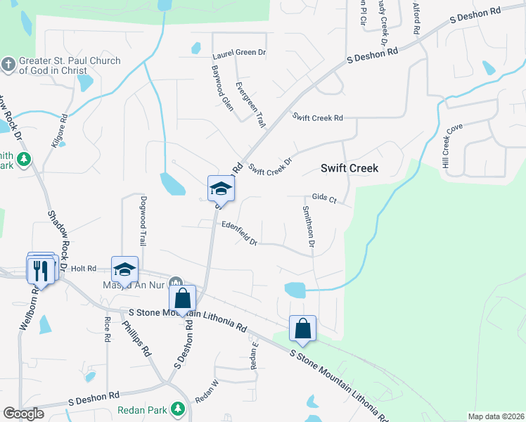 map of restaurants, bars, coffee shops, grocery stores, and more near 1420 Edenfield Ct in Lithonia