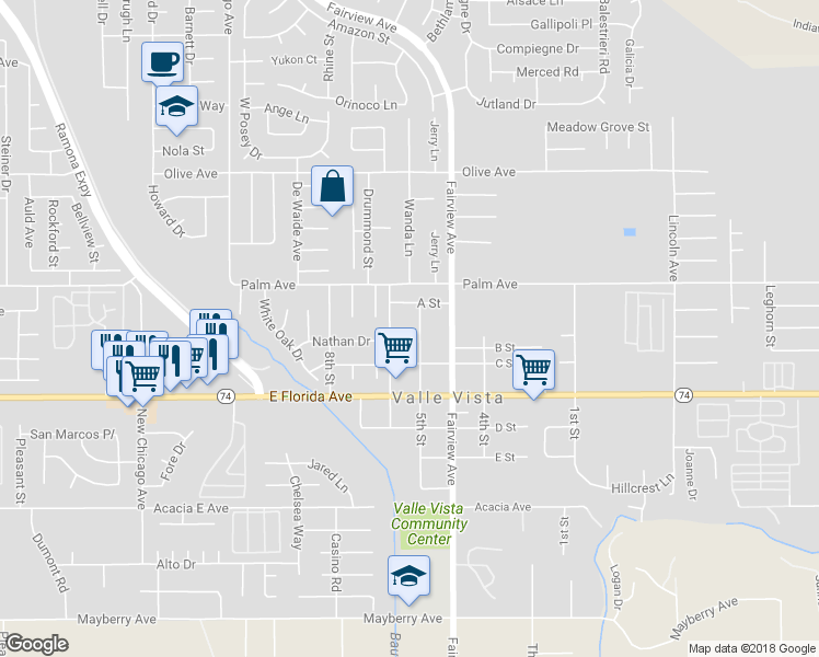 map of restaurants, bars, coffee shops, grocery stores, and more near 25595 5th Street in Hemet