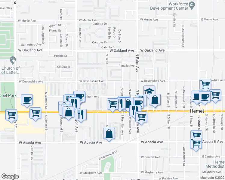 map of restaurants, bars, coffee shops, grocery stores, and more near 245 Valley View Drive in Hemet
