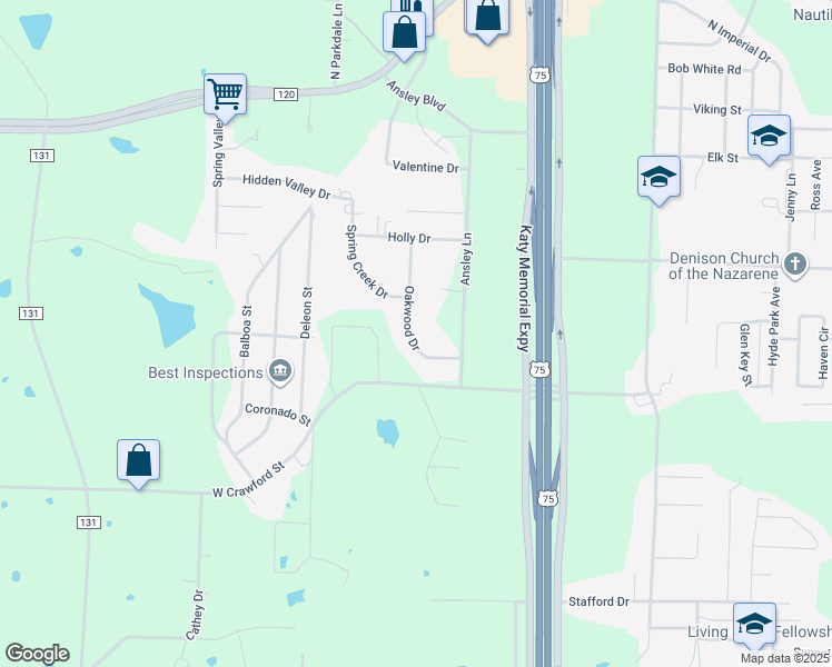 map of restaurants, bars, coffee shops, grocery stores, and more near 3601 Oakwood Drive in Denison