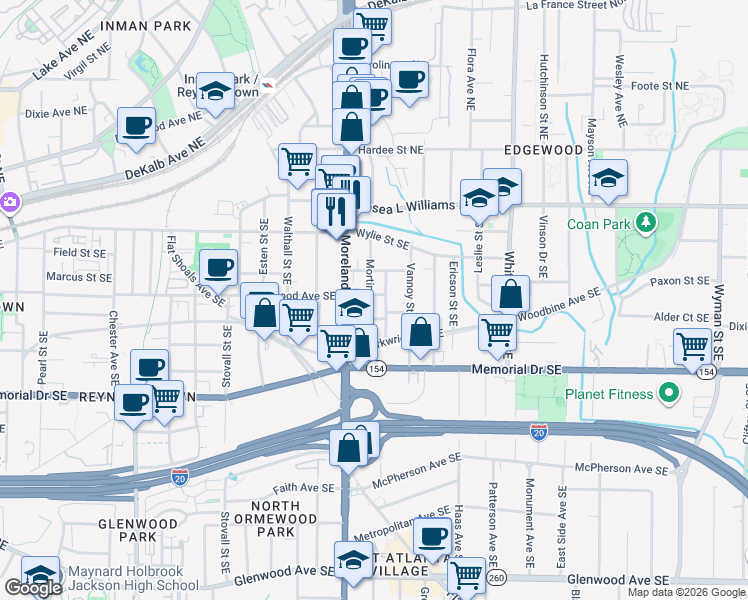 map of restaurants, bars, coffee shops, grocery stores, and more near 1211 Mortimer Place Southeast in Atlanta
