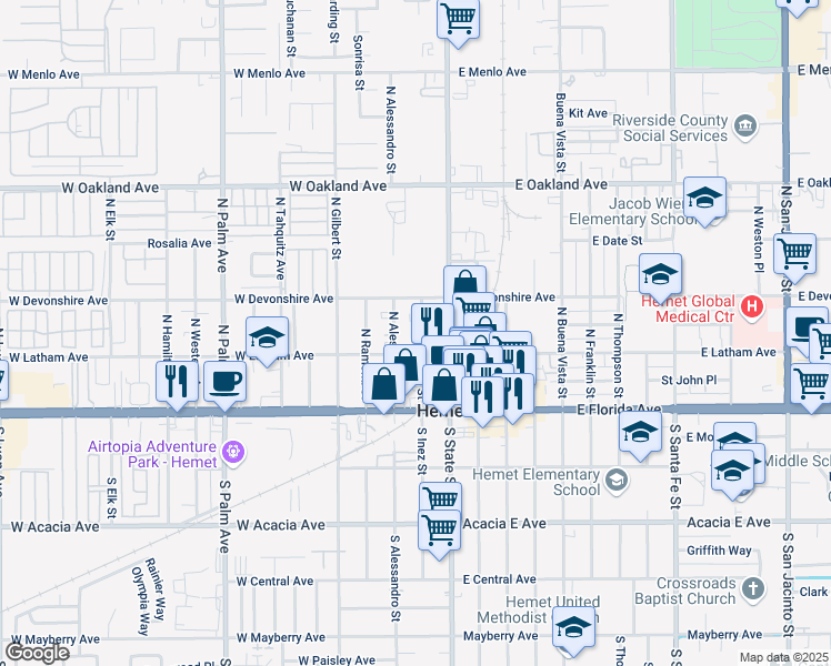 map of restaurants, bars, coffee shops, grocery stores, and more near 223 North Inez Street in Hemet