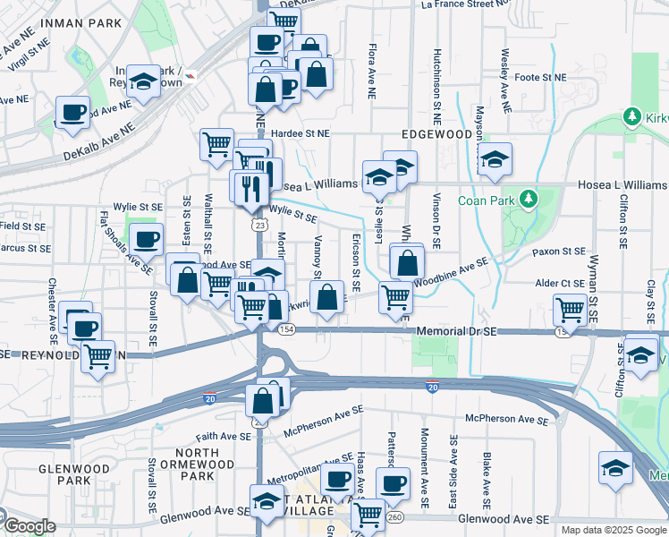 map of restaurants, bars, coffee shops, grocery stores, and more near 123 Dahlgren Street Southeast in Atlanta
