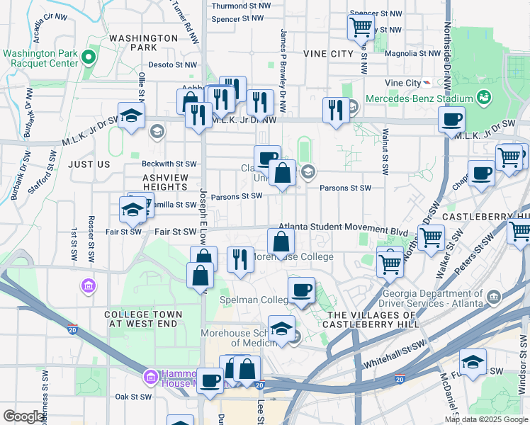 map of restaurants, bars, coffee shops, grocery stores, and more near 167 Raymond Street Southwest in Atlanta