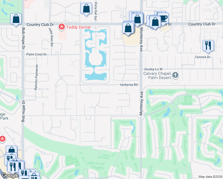 map of restaurants, bars, coffee shops, grocery stores, and more near 14 Strauss Terrace in Rancho Mirage