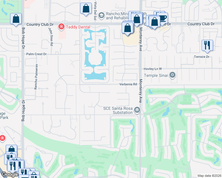 map of restaurants, bars, coffee shops, grocery stores, and more near 14 Strauss Terrace in Rancho Mirage
