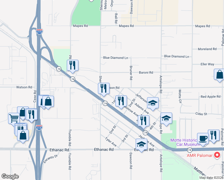 map of restaurants, bars, coffee shops, grocery stores, and more near 27605 Adams Avenue in Menifee
