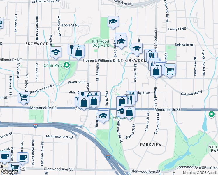 map of restaurants, bars, coffee shops, grocery stores, and more near 120 Clay Street Southeast in Atlanta