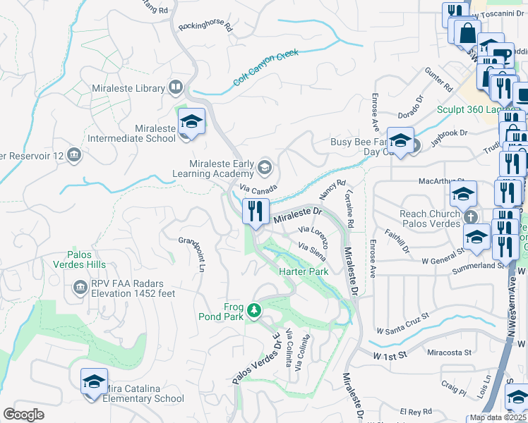 map of restaurants, bars, coffee shops, grocery stores, and more near 4020 Miraleste Drive in Rancho Palos Verdes
