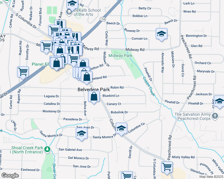 map of restaurants, bars, coffee shops, grocery stores, and more near 3141 Robin Road in Decatur