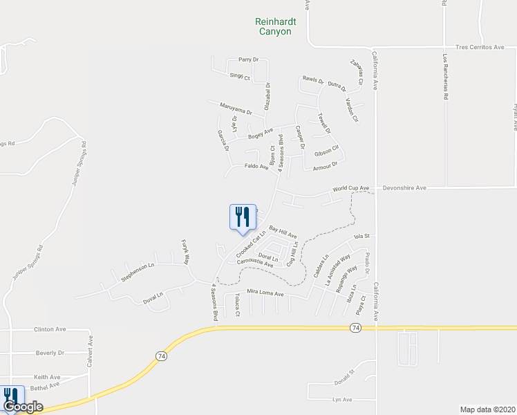 map of restaurants, bars, coffee shops, grocery stores, and more near 8180 Pavin Lane in Hemet