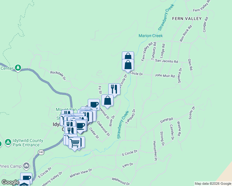 map of restaurants, bars, coffee shops, grocery stores, and more near 54730 North Circle Drive in Idyllwild-Pine Cove