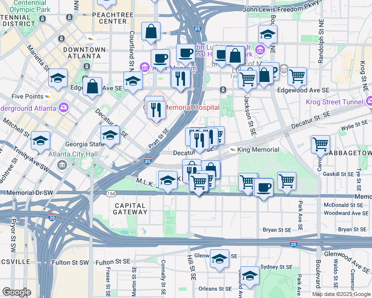 map of restaurants, bars, coffee shops, grocery stores, and more near 235 Bell Street Southeast in Atlanta