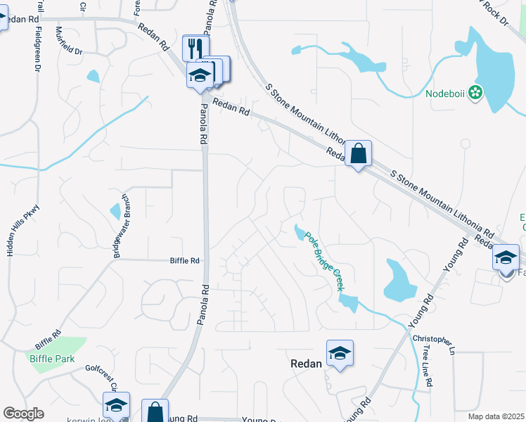 map of restaurants, bars, coffee shops, grocery stores, and more near 5516 Mountain Springs Circle in Stone Mountain