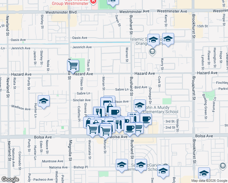 map of restaurants, bars, coffee shops, grocery stores, and more near 9370 Sabre Lane in Westminster