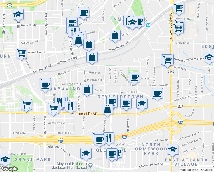 map of restaurants, bars, coffee shops, grocery stores, and more near 871 Kirkwood Avenue Southeast in Atlanta