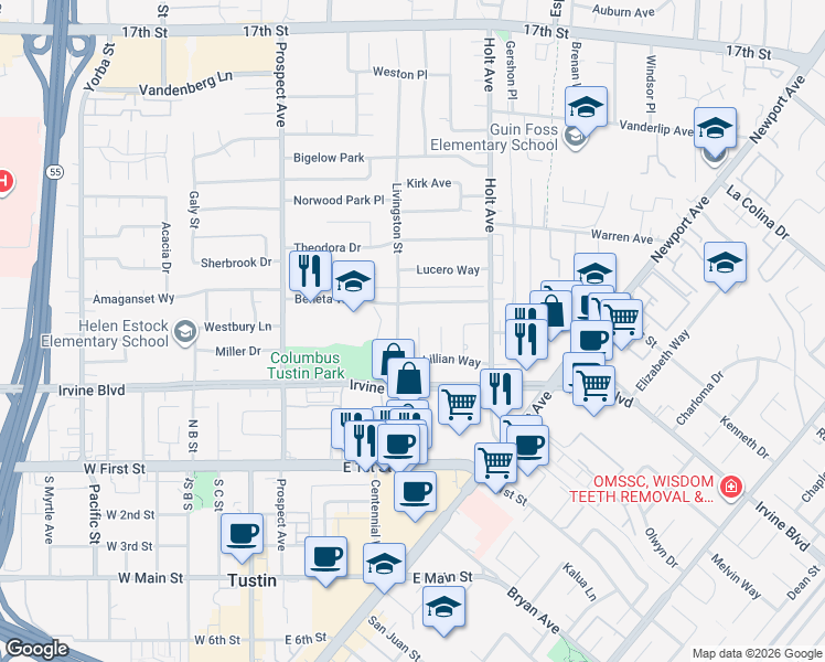 map of restaurants, bars, coffee shops, grocery stores, and more near 14721 Candeda Place in Tustin