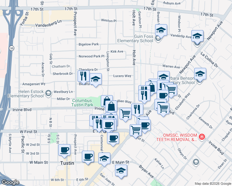 map of restaurants, bars, coffee shops, grocery stores, and more near 14721 Candeda Place in Tustin