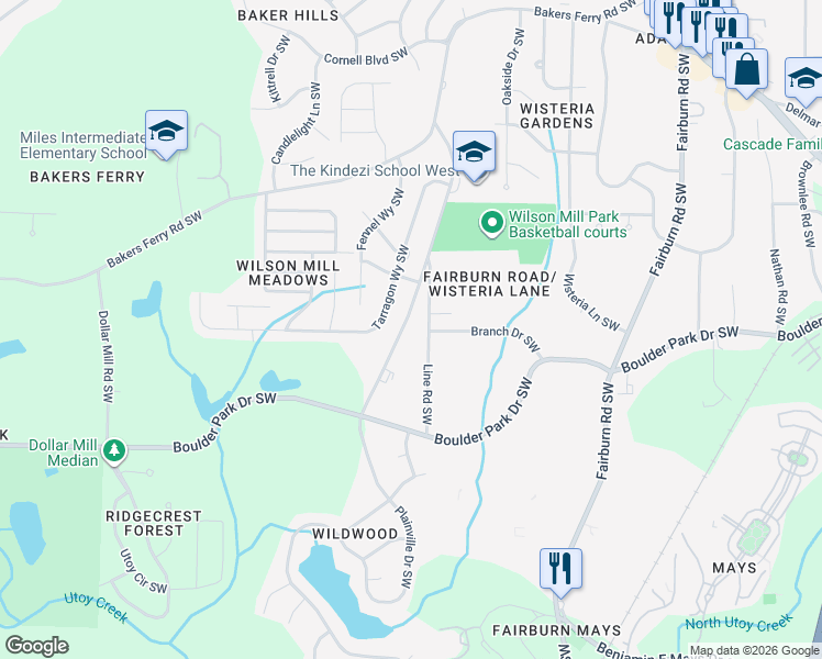 map of restaurants, bars, coffee shops, grocery stores, and more near 444 Wilson Mill Road Southwest in Atlanta