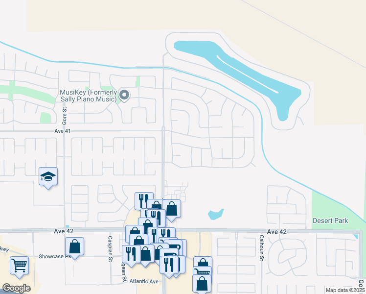 map of restaurants, bars, coffee shops, grocery stores, and more near 83099 Prairie Dunes Way in Indio