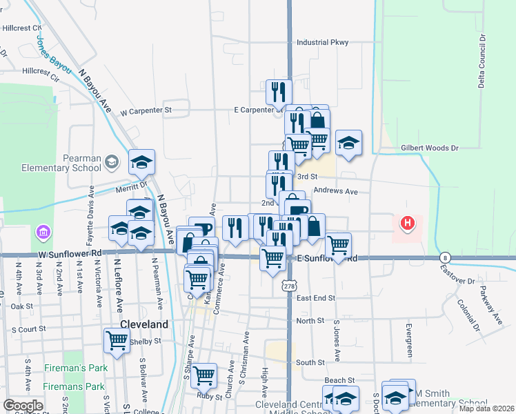map of restaurants, bars, coffee shops, grocery stores, and more near 401 North Chrisman Avenue in Cleveland