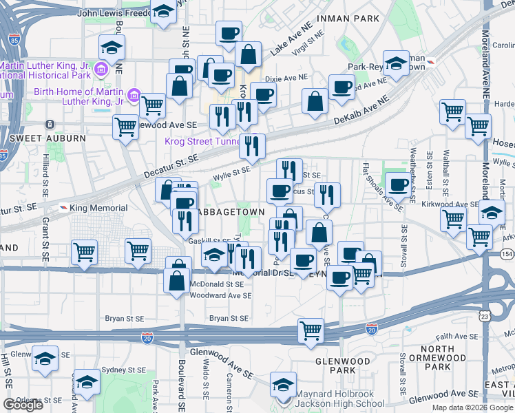 map of restaurants, bars, coffee shops, grocery stores, and more near 172 Estoria Street Southeast in Atlanta