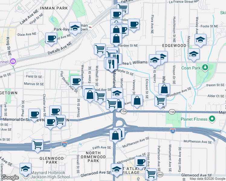 map of restaurants, bars, coffee shops, grocery stores, and more near in Atlanta