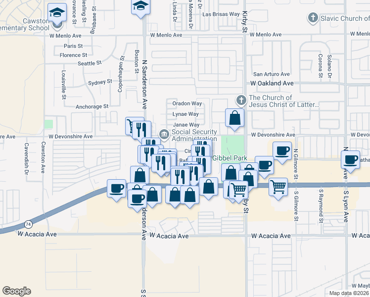map of restaurants, bars, coffee shops, grocery stores, and more near 2918 Cindy Lane in Hemet