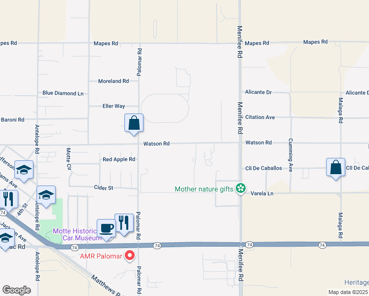 map of restaurants, bars, coffee shops, grocery stores, and more near 28735 Watson Road in Menifee