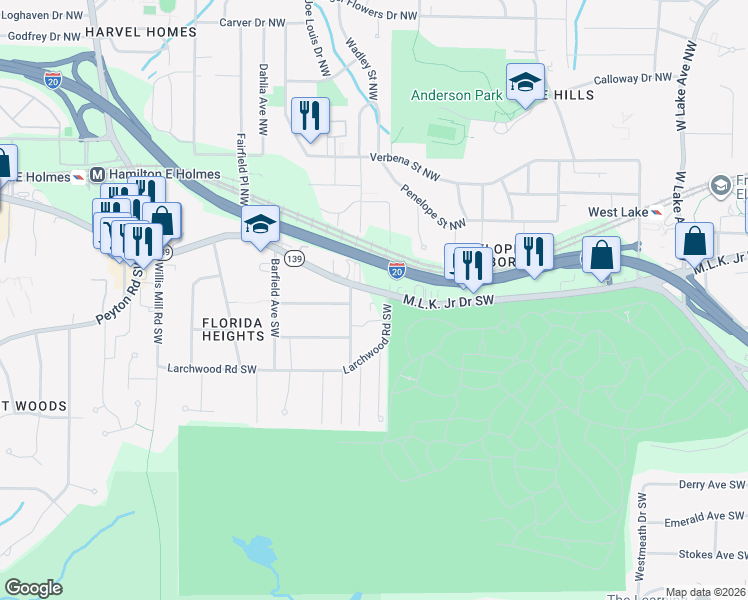 map of restaurants, bars, coffee shops, grocery stores, and more near 2124 Martin Luther King Junior Drive Southwest in Atlanta