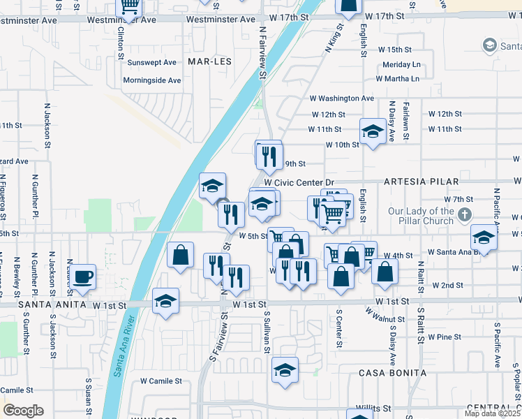 map of restaurants, bars, coffee shops, grocery stores, and more near 655 North Fairview Street in Santa Ana