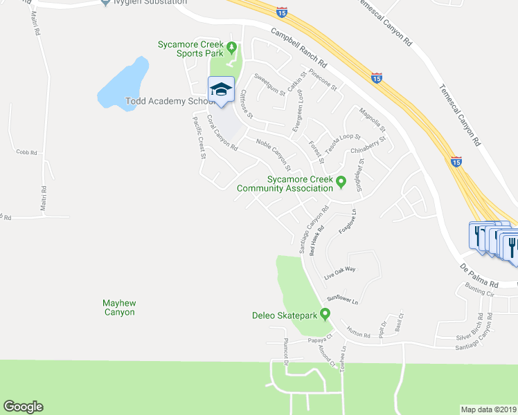 map of restaurants, bars, coffee shops, grocery stores, and more near 25457 Hyacinth Street in Corona