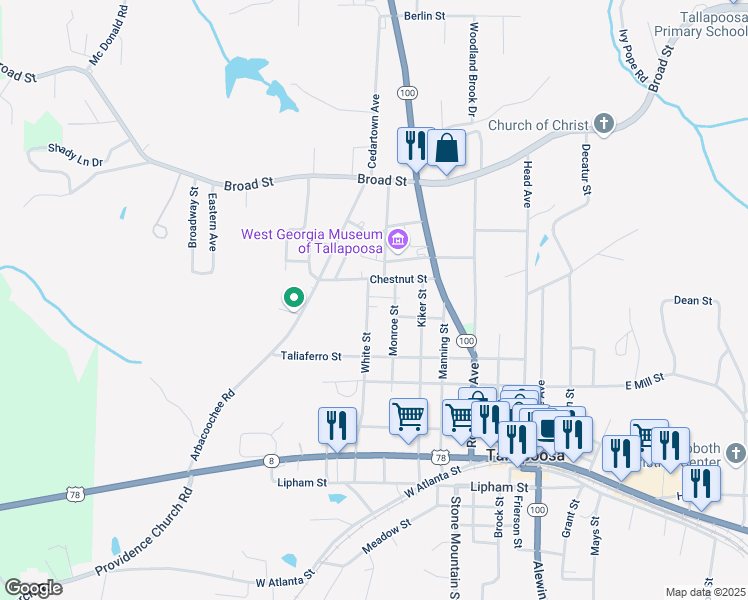 map of restaurants, bars, coffee shops, grocery stores, and more near 307 White Street in Tallapoosa