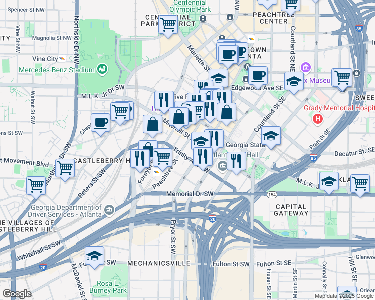 map of restaurants, bars, coffee shops, grocery stores, and more near 158 Peachtree Street Southwest in Atlanta
