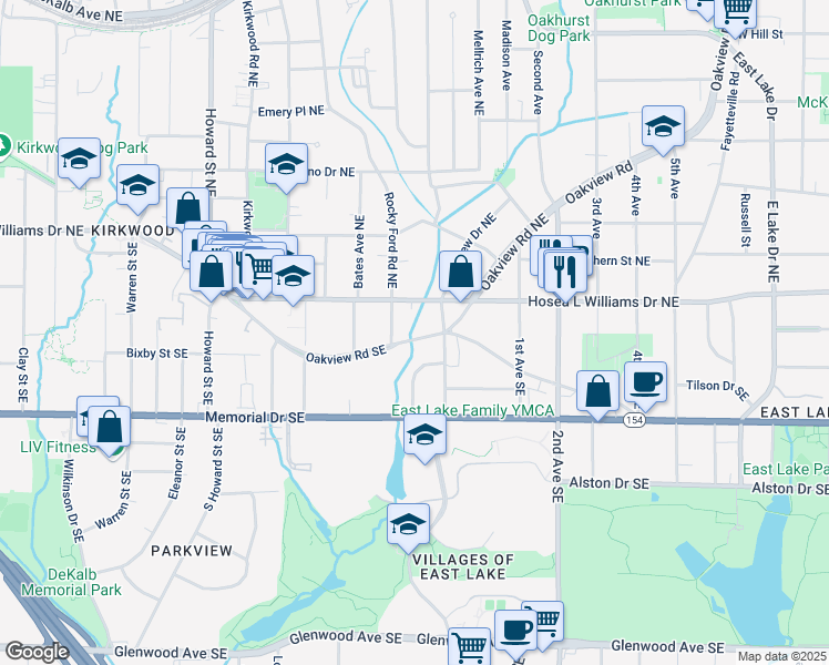 map of restaurants, bars, coffee shops, grocery stores, and more near 2230 Oakview Road Northeast in Atlanta