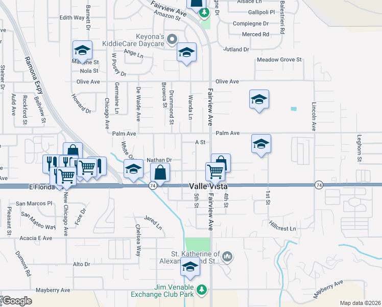 map of restaurants, bars, coffee shops, grocery stores, and more near 25595 5th Street in Hemet