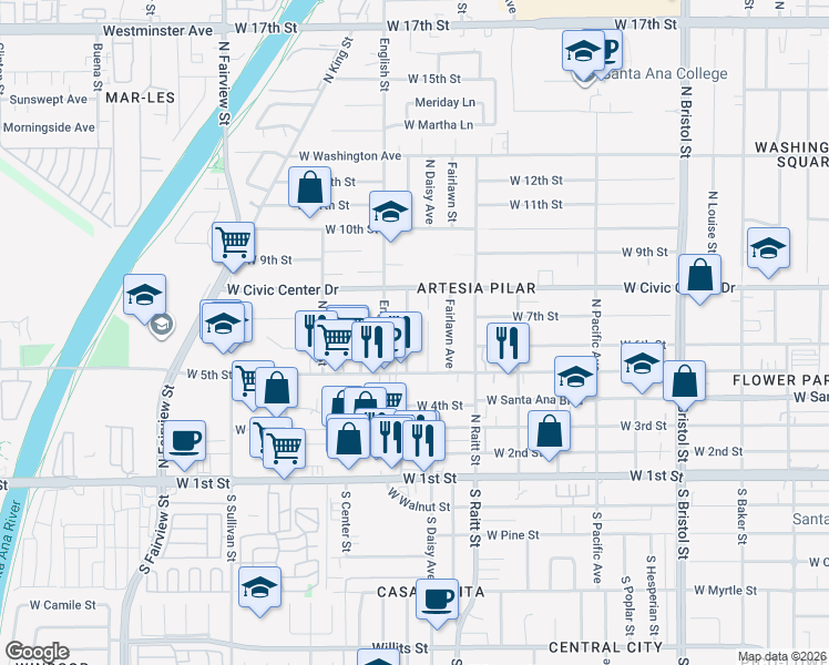map of restaurants, bars, coffee shops, grocery stores, and more near 609 North Townsend Street in Santa Ana