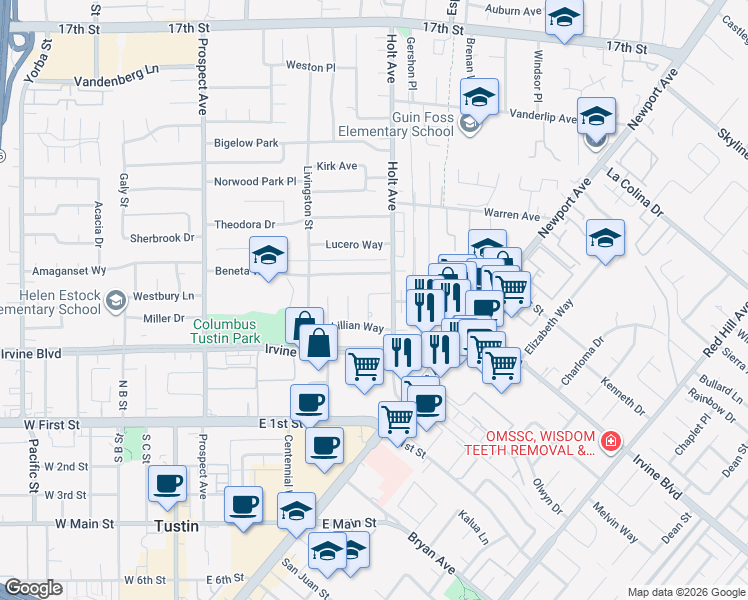map of restaurants, bars, coffee shops, grocery stores, and more near 18252 Leon Way in Tustin