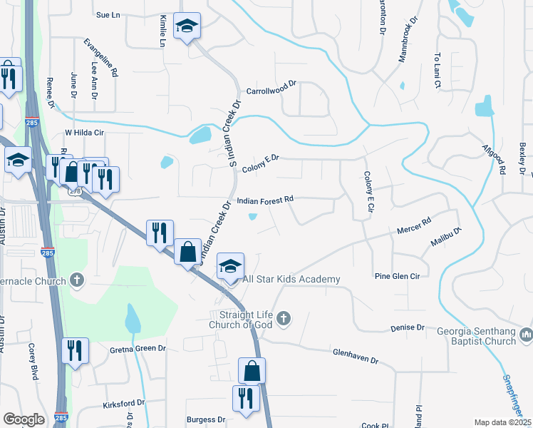 map of restaurants, bars, coffee shops, grocery stores, and more near 1447 Indian Forest Court in Stone Mountain
