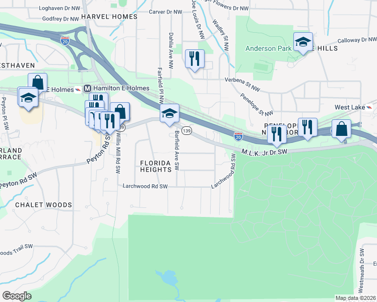 map of restaurants, bars, coffee shops, grocery stores, and more near 2211 Telhurst St SW in Atlanta