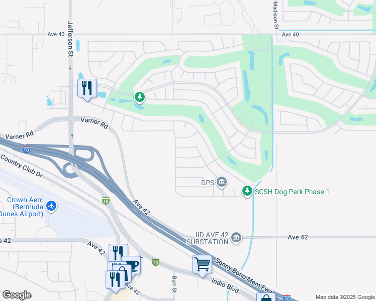 map of restaurants, bars, coffee shops, grocery stores, and more near 80575 Avenida Santa Eugenia in Indio