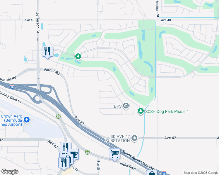 map of restaurants, bars, coffee shops, grocery stores, and more near 80595 Avenida Santa Eugenia in Indio