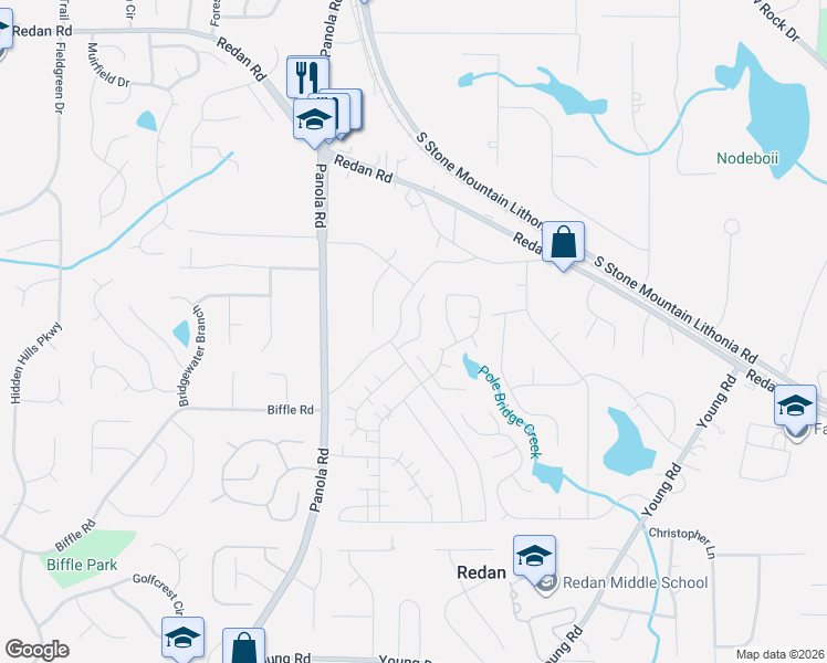 map of restaurants, bars, coffee shops, grocery stores, and more near 5516 Mountain Springs Circle in Stone Mountain