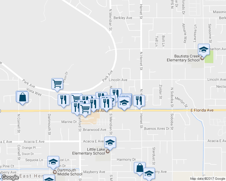 map of restaurants, bars, coffee shops, grocery stores, and more near 228 North Meridian Street in Hemet
