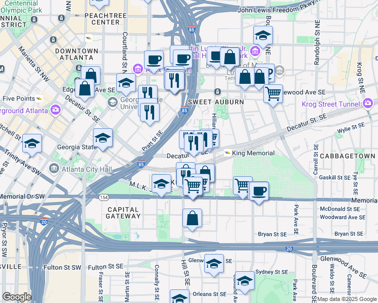 map of restaurants, bars, coffee shops, grocery stores, and more near 322 Decatur Street Southeast in Atlanta