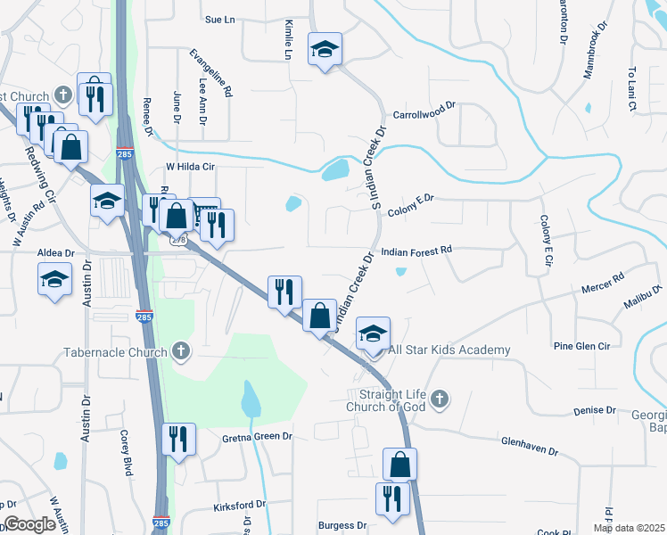 map of restaurants, bars, coffee shops, grocery stores, and more near 3998 Inca Court in Stone Mountain