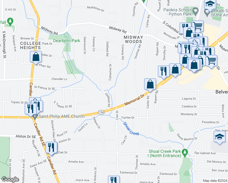 map of restaurants, bars, coffee shops, grocery stores, and more near 1487 Woodfern Drive in Decatur